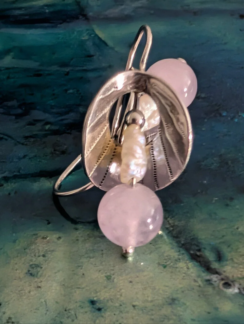 Sterling Silver Leaf Drop Earrings with Rose Quartz And Freshwater Pearl